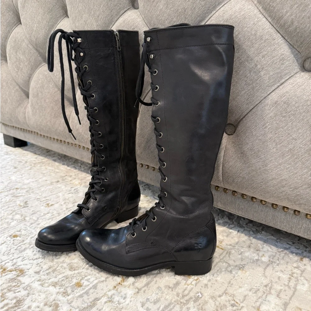 Frye Melissa size 6.5 NEVER WORN Black Leather Tall Lace-Up Boots - Picture 2 of 9